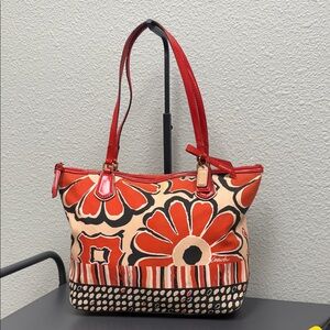 Coach Red and Black Floral Tote Bag